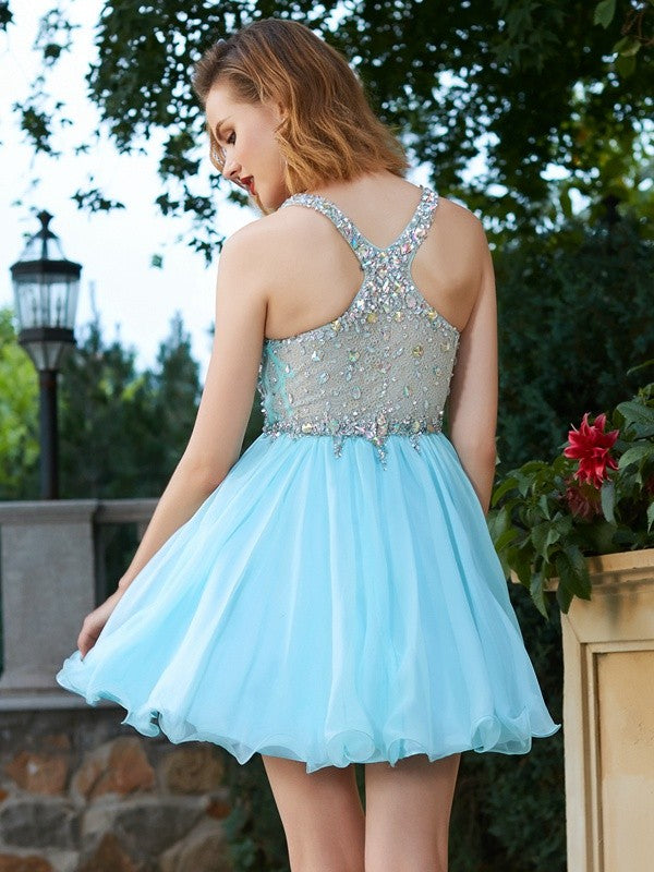 A-Line/Princess Sleeveless Rhinestone Straps Angelique Homecoming Dresses Chiffon Short/Mini Dresses