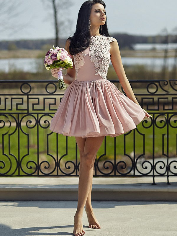 A-Line/Princess Scoop Sleeveless Homecoming Dresses Clarissa Chiffon Applique Short/Mini Dresses