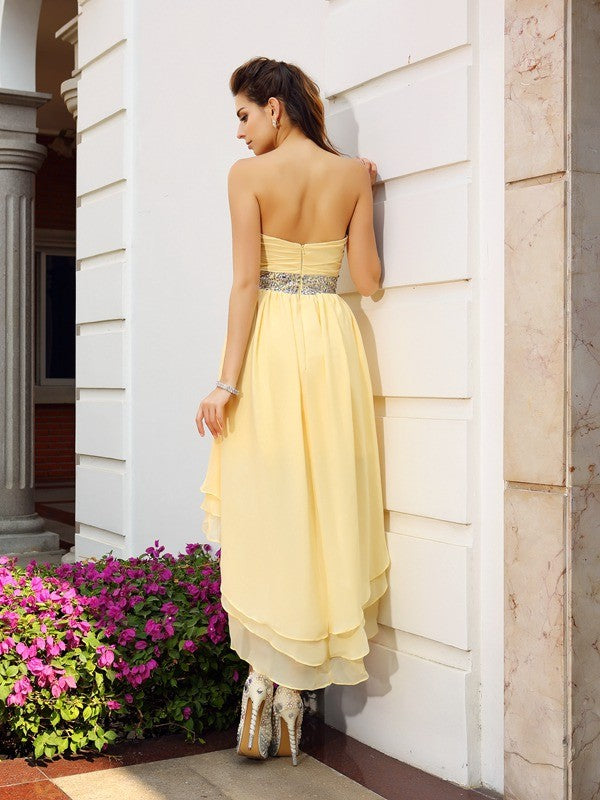 A-Line/Princess Lauren Chiffon Cocktail Homecoming Dresses Strapless Beading Sleeveless High Low Dresses