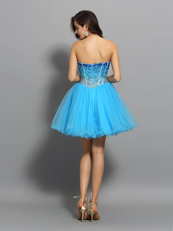 A-Line/Princess Cocktail Thirza Homecoming Dresses Satin Sweetheart Ruffles Sleeveless Short Dresses