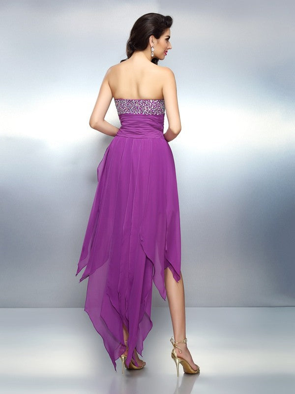 A-Line/Princess Strapless Beading Sleeveless High Homecoming Dresses Maleah Chiffon Cocktail Low Dresses