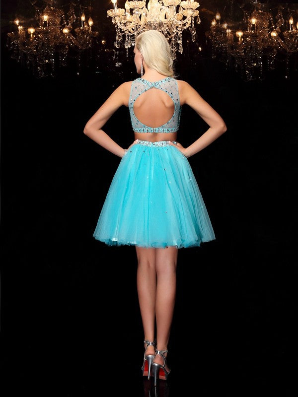 Viviana Homecoming Dresses A-Line/Princess Scoop Rhinestone Sleeveless Short Net Dresses