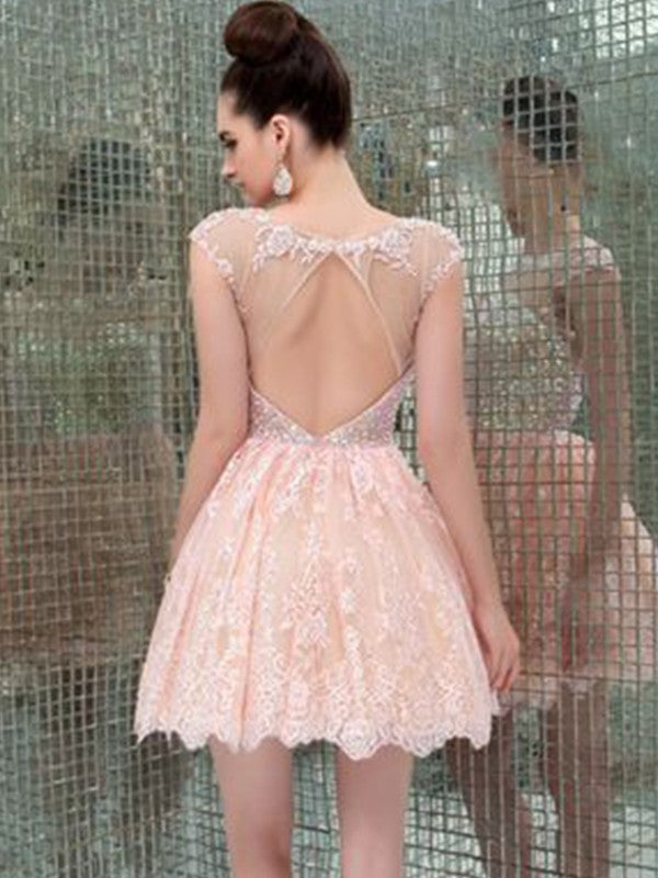 A-Line/Princess Sleeveless Scoop Savanah Lace Homecoming Dresses Beading Short/Mini Dresses