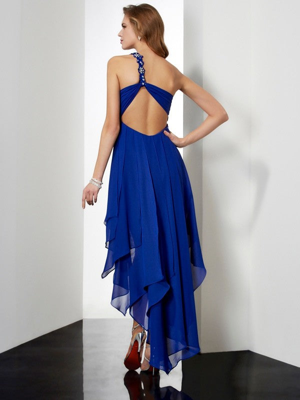 A-Line/Princess One-Shoulder Chiffon Homecoming Dresses Juliet Sleeveless Beading High Low Dresses