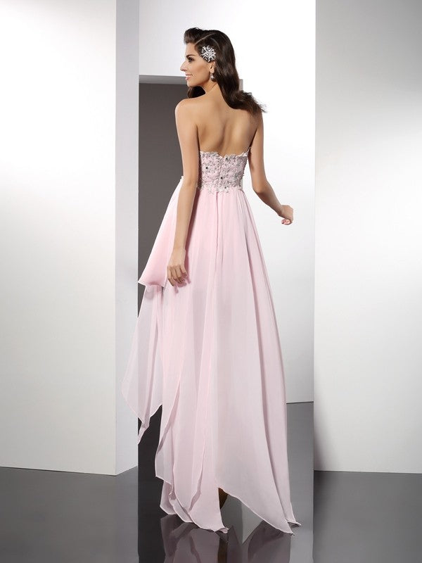 A-Line/Princess Sweetheart Applique Sleeveless High Low Homecoming Dresses Cocktail Dulce Chiffon Dresses