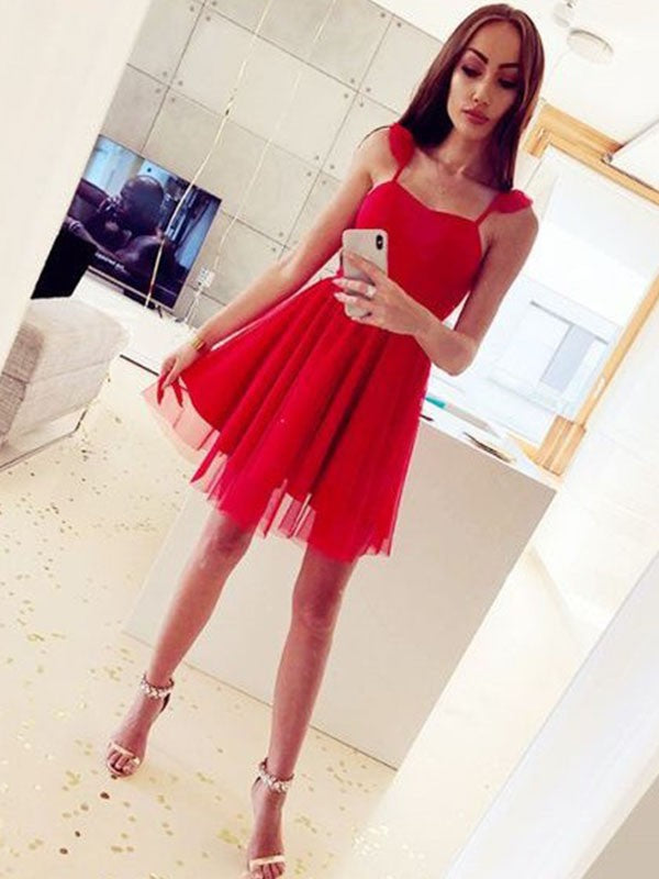 A-Line/Princess Spaghetti Straps Ruched Sleeveless Short/Mini Satin Homecoming Dresses Kamari Dresses