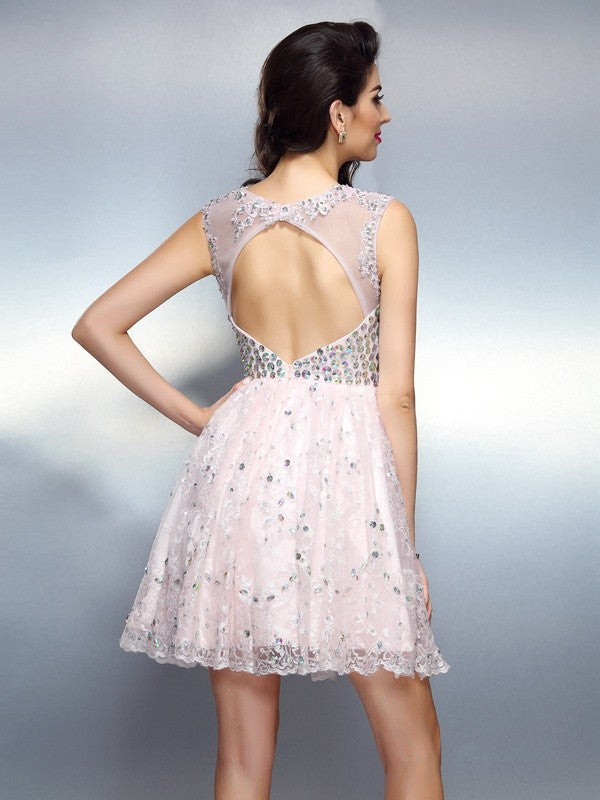 A-Line/Princess Bateau Beading Sleeveless Satin Cocktail Homecoming Dresses Taylor Short Dresses