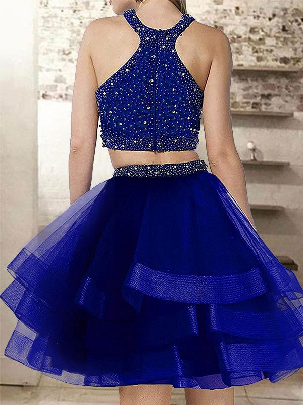 A-Line Hortensia Homecoming Dresses Halter Cut Short With Beading Organza Blue