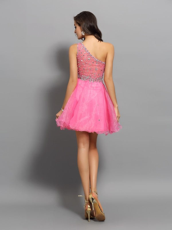 A-Line/Princess One-Shoulder Ruffles Sleeveless Short Organza Homecoming Dresses Rachel Cocktail Dresses