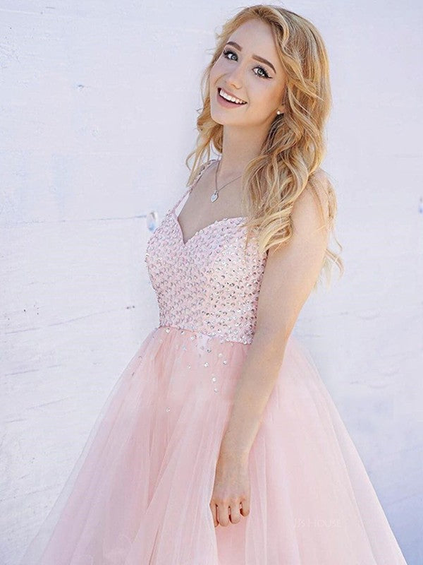 A-Line/Princess Sleeveless Spaghetti Teagan Homecoming Dresses Straps Tulle Beading Short/Mini Dresses