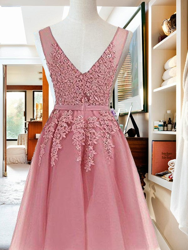 Pink Naima Homecoming Dresses A-Line V-Neck Cut Short With Applique Tulle