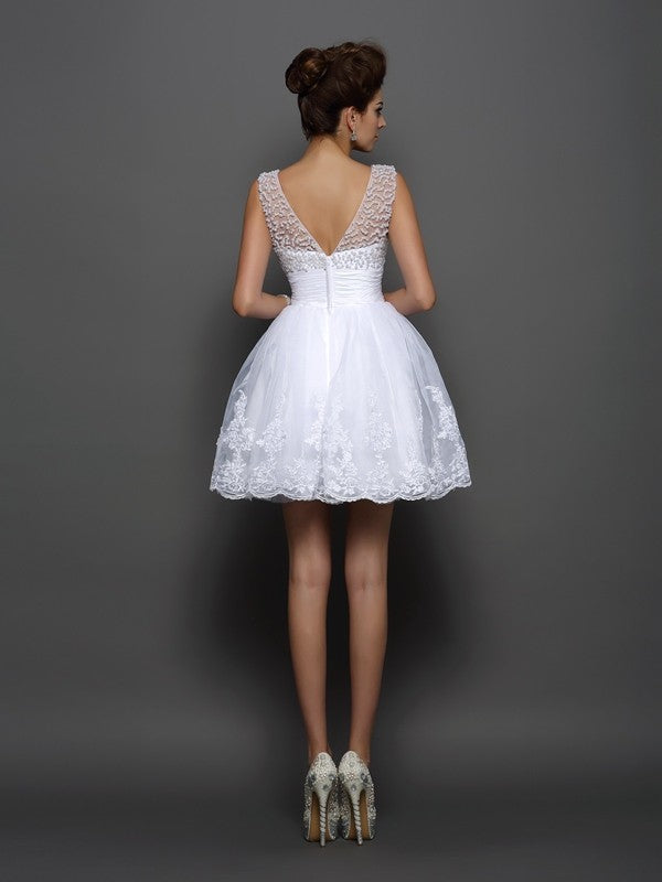 A-Line/Princess Bateau Pearls Sleeveless Short Elastic Cocktail Rosalyn Homecoming Dresses Satin Woven Dresses