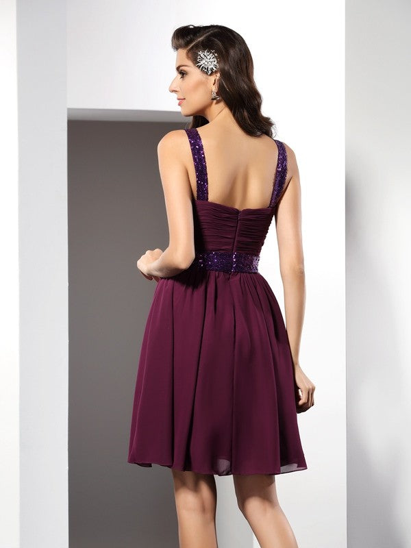 A-Line/Princess Cocktail Aniya Chiffon Homecoming Dresses Straps Ruched Sleeveless Short Dresses