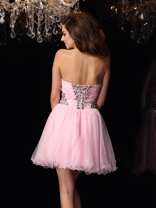 A-Line/Princess Sweetheart Satin Elizabeth Homecoming Dresses Cocktail Ruffles Sleeveless Short Elastic Woven Dresses