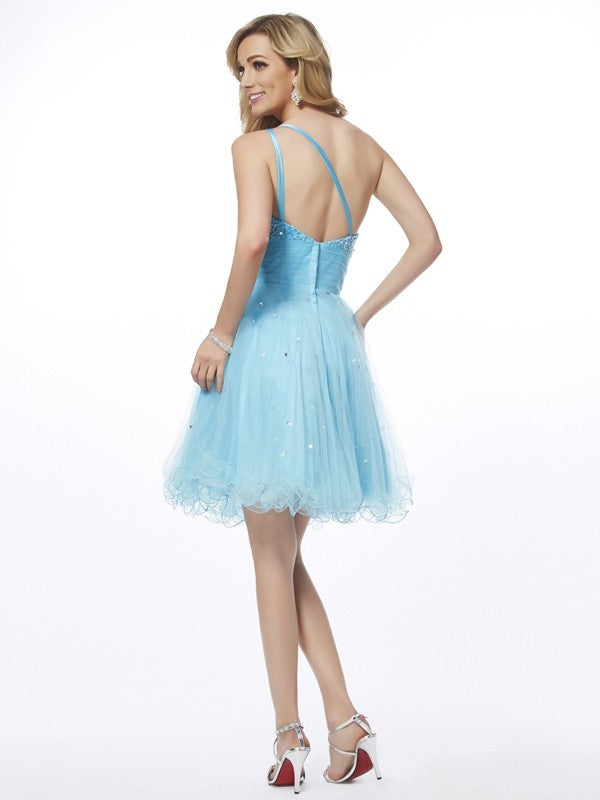 A-Line/Princess One-Shoulder Sleeveless Beading Brenda Homecoming Dresses Short Organza