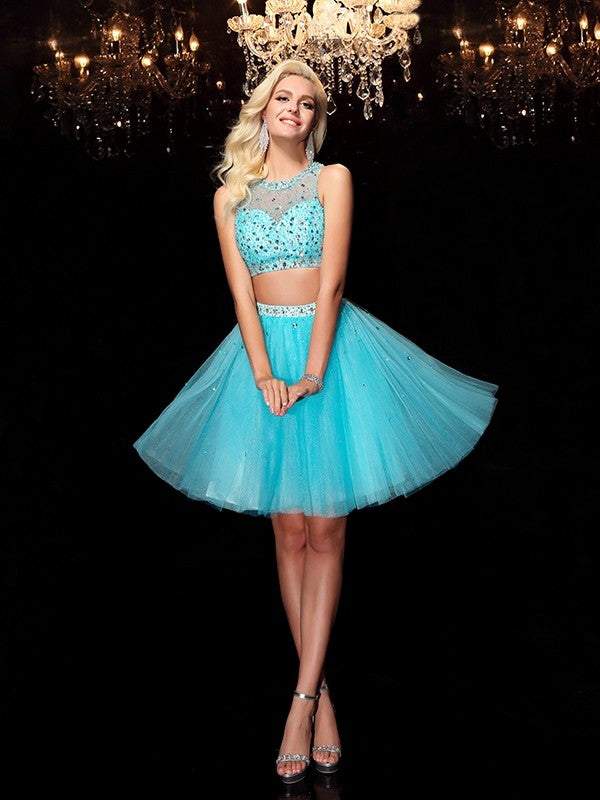 Viviana Homecoming Dresses A-Line/Princess Scoop Rhinestone Sleeveless Short Net Dresses