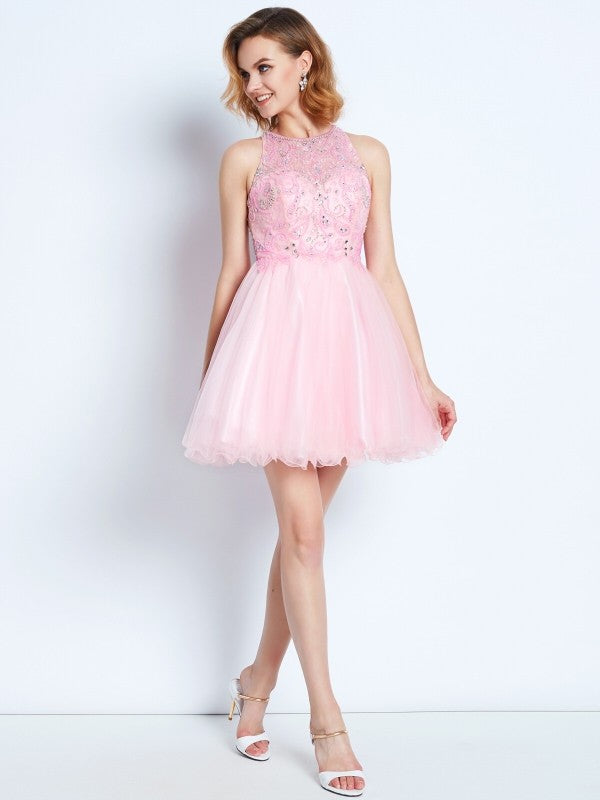 A-Line/Princess Sleeveless Jewel Short/Mini Homecoming Dresses Cecilia Net Ruffles Dresses