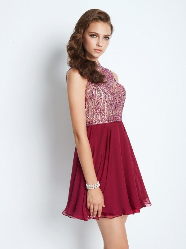 A-Line/Princess Jewel Sleeveless Beading Short/Mini Dresses Chiffon Madison Homecoming Dresses