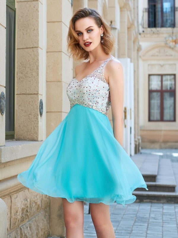 A-Line/Princess Homecoming Dresses Mary Chiffon Sleeveless One-Shoulder Beading Short/Mini Dresses