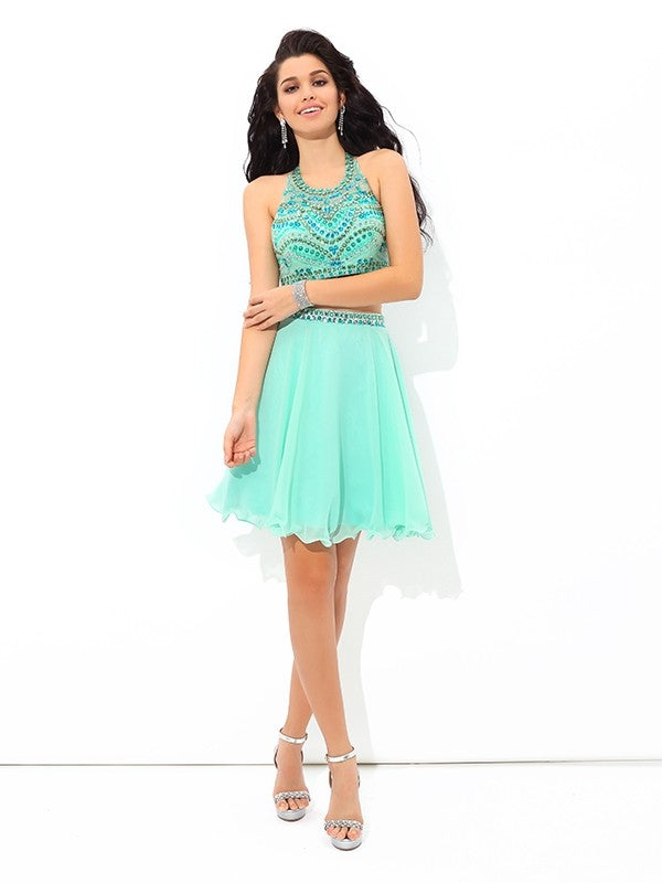 A-Line/Princess Sheer Neck Rhinestone Sleeveless Short Two Piece Homecoming Dresses Chiffon Susanna Dresses