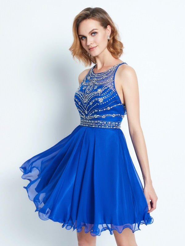 A-Line/Princess Sleeveless Scoop Beading Short/Mini Dresses Rita Chiffon Homecoming Dresses