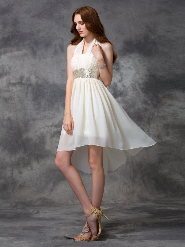 Finley Homecoming Dresses Cocktail Chiffon A-Line/Princess Halter Sequin Sleeveless High Low Dresses