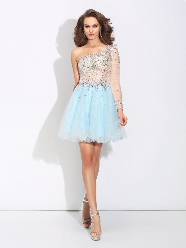 A-Line/Princess One-Shoulder Homecoming Dresses Makena Satin Beading Long Sleeves Short Elastic Woven Dresses