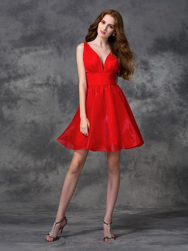 A-Line/Princess V-Neck Nathaly Cocktail Homecoming Dresses Sash/Ribbon/Belt Sleeveless Short Organza Dresses