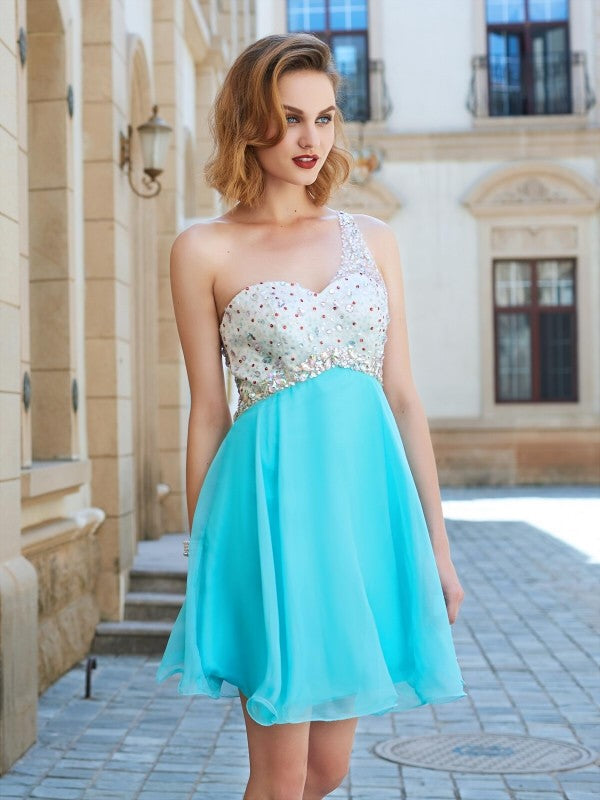 A-Line/Princess Homecoming Dresses Mary Chiffon Sleeveless One-Shoulder Beading Short/Mini Dresses