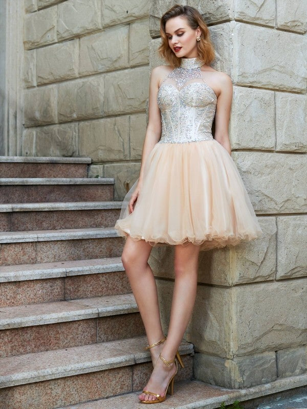 A-Line/Princess Halter Sleeveless Ava Homecoming Dresses Beading Net Short/Mini Dresses