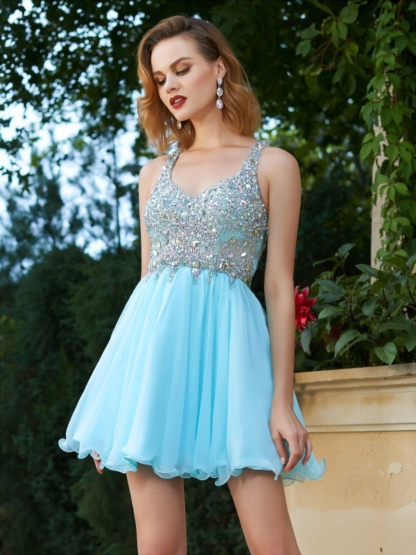 A-Line/Princess Sleeveless Rhinestone Straps Angelique Homecoming Dresses Chiffon Short/Mini Dresses