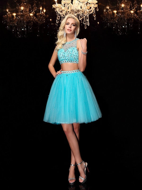 Viviana Homecoming Dresses A-Line/Princess Scoop Rhinestone Sleeveless Short Net Dresses