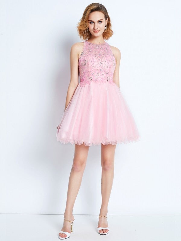 A-Line/Princess Sleeveless Jewel Short/Mini Homecoming Dresses Cecilia Net Ruffles Dresses