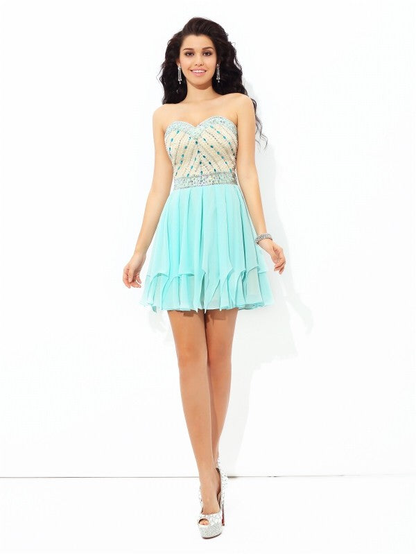 A-Line/Princess Sweetheart Beading Cocktail Chiffon Alexandra Homecoming Dresses Short Sleeveless Dresses