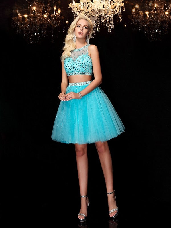 Viviana Homecoming Dresses A-Line/Princess Scoop Rhinestone Sleeveless Short Net Dresses