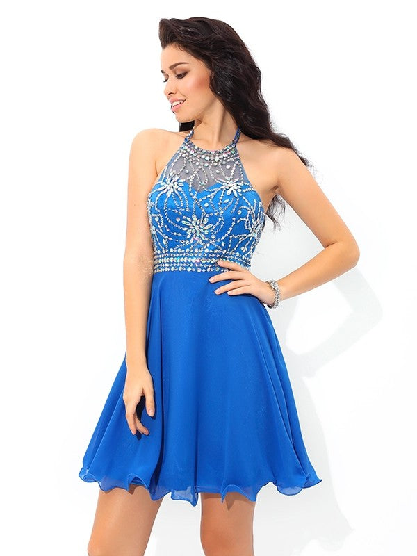 A-Line/Princess Cocktail April Chiffon Homecoming Dresses Halter Sleeveless Beading Short Dresses