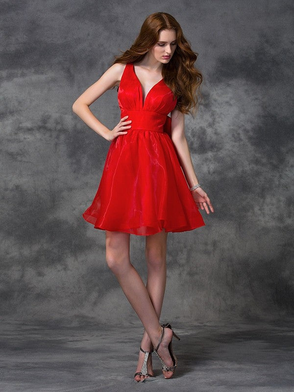 A-Line/Princess V-Neck Nathaly Cocktail Homecoming Dresses Sash/Ribbon/Belt Sleeveless Short Organza Dresses