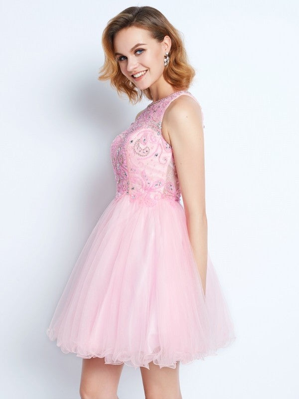 A-Line/Princess Sleeveless Jewel Short/Mini Homecoming Dresses Cecilia Net Ruffles Dresses