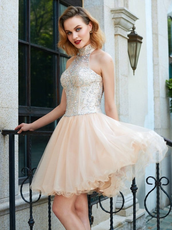 A-Line/Princess Halter Sleeveless Ava Homecoming Dresses Beading Net Short/Mini Dresses