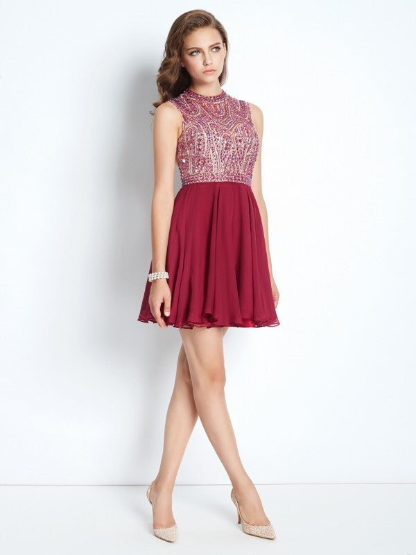 A-Line/Princess Jewel Sleeveless Beading Short/Mini Dresses Chiffon Madison Homecoming Dresses