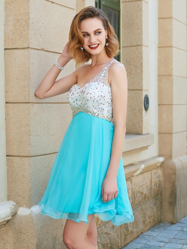 A-Line/Princess Homecoming Dresses Mary Chiffon Sleeveless One-Shoulder Beading Short/Mini Dresses