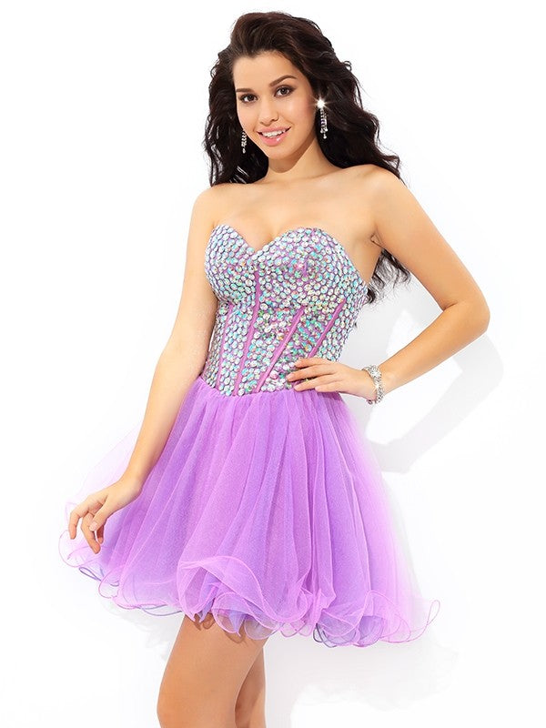 Cocktail Clara Homecoming Dresses A-Line/Princess Sweetheart Paillette Sleeveless Short Net Dresses