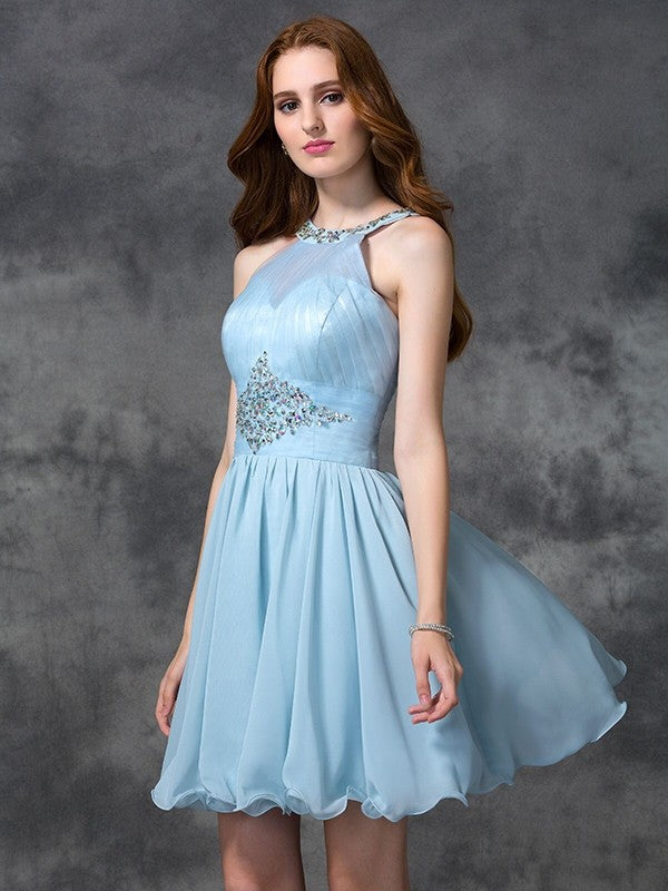 Chiffon Selena Cocktail Homecoming Dresses A-Line/Princess Scoop Beading Sleeveless Short Dresses