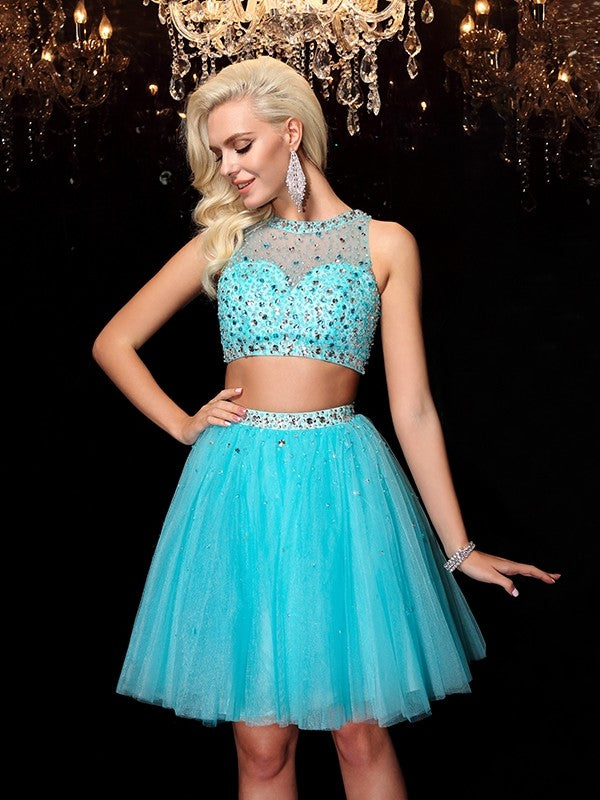 Viviana Homecoming Dresses A-Line/Princess Scoop Rhinestone Sleeveless Short Net Dresses