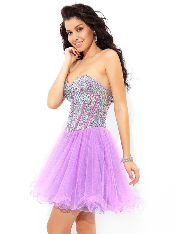 Cocktail Clara Homecoming Dresses A-Line/Princess Sweetheart Paillette Sleeveless Short Net Dresses