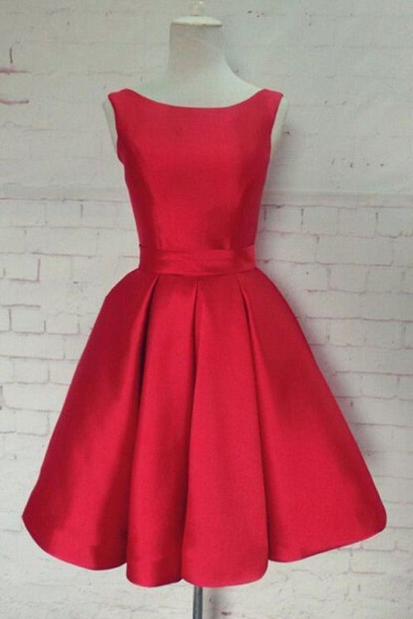 Red A-Line Sleeveless Scoop Sash Satin Mini Homecoming Dresses