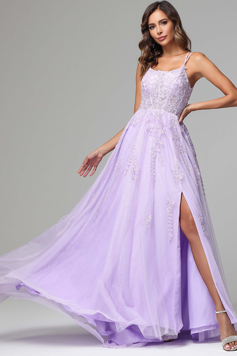 Lilac Spaghetti Straps Lace Appliques Wedding Guest Dresses