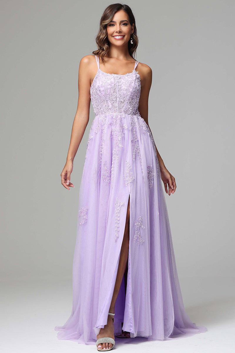 Lilac Spaghetti Straps Lace Appliques Wedding Guest Dresses