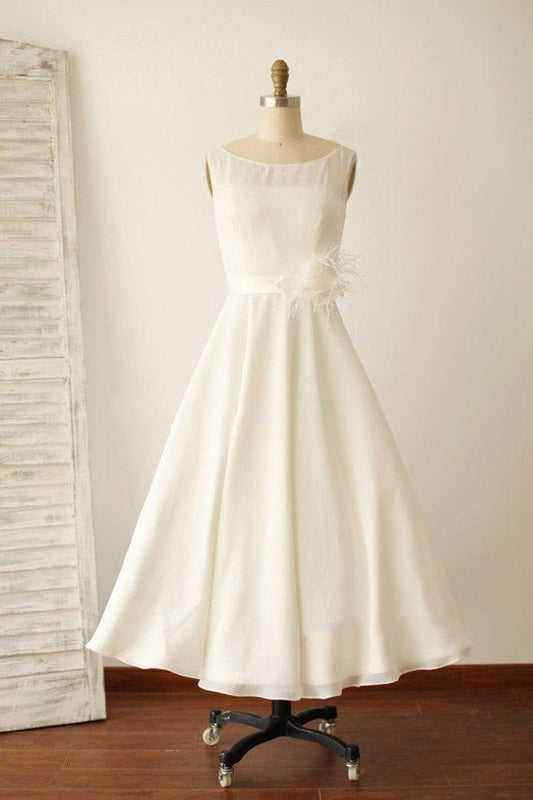 Ivory Sleeveless Illusion Boat Neck Tea Length Beach Wedding Gowns