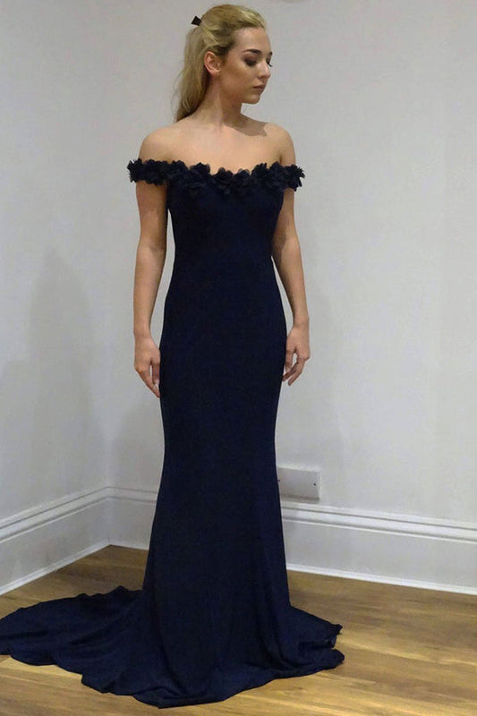 Gorgeous Navy Blue Mermaid Off the Shoulder With Appliques Prom Dresses